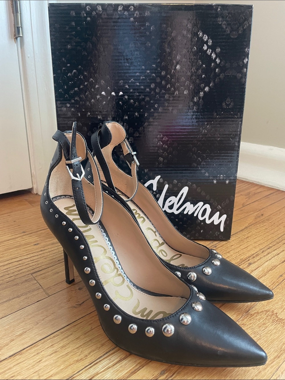 Sam Edelman Black Pointed-Toe Ankle-Strap Heels with Siver Studs